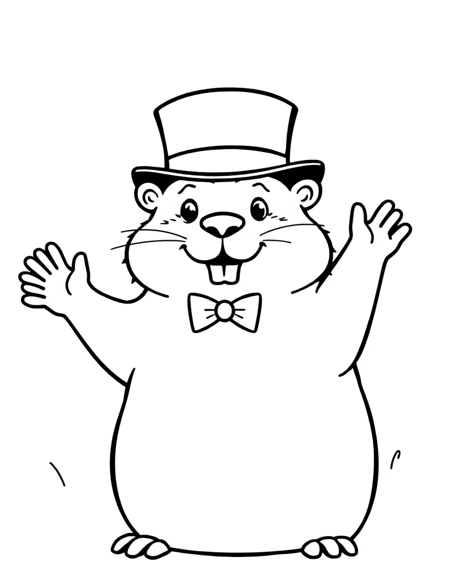 Groundhog Day: Top Hat Phil: A groundhog wearing a fancy formal top hat and a bow tie, waving to a crowd like a gentleman.