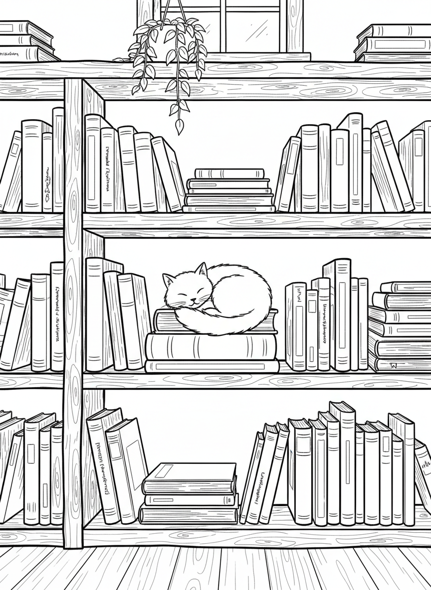 A simple bookshelf filled with various sized books, with a sleeping cat curled up on one of the shelves.