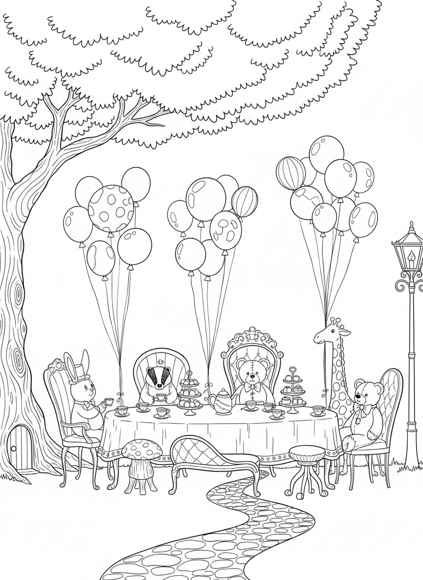 Whimsical tea party with mismatched chairs, a long table, multiple stuffed animal guests, and floating balloons overhead