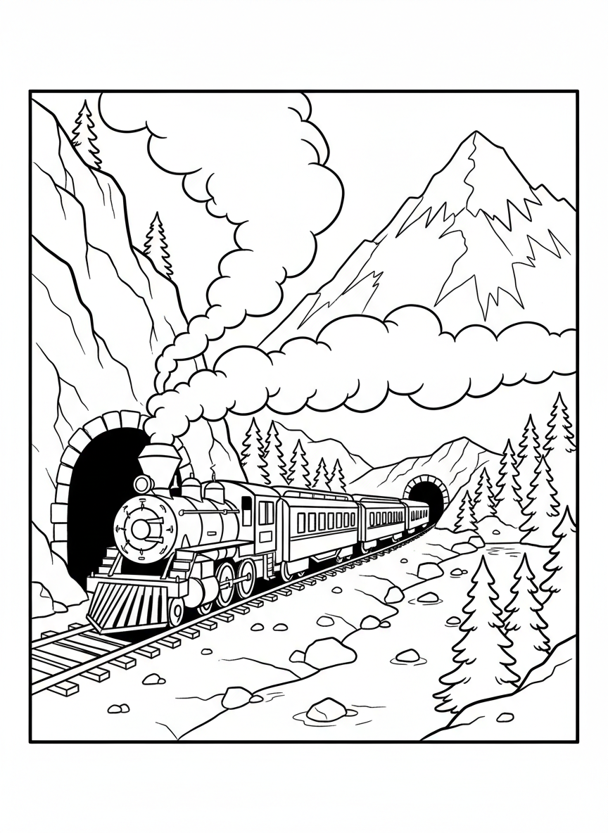 A train chugging through mountains with tunnels and trees, side view with clear outlines