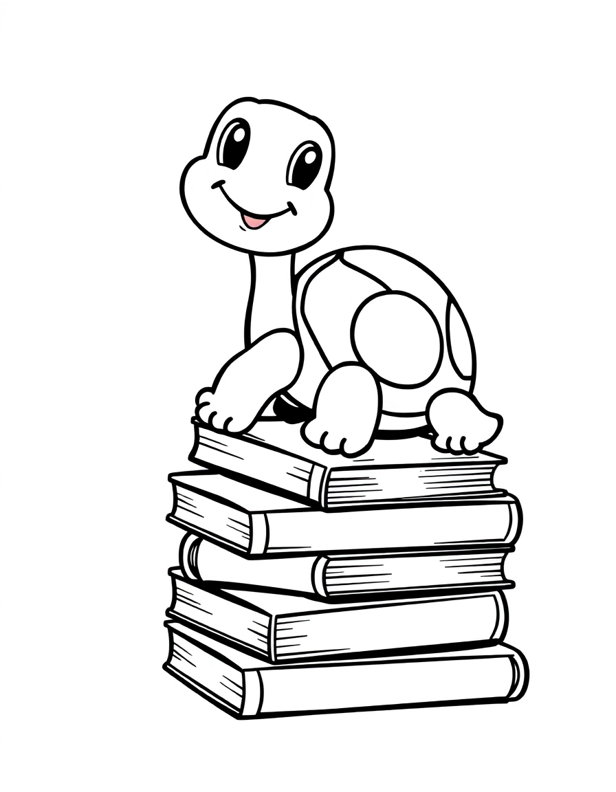 I want a happy cartoon-like turtle sitting on a stack of books. I want the picture to be easy