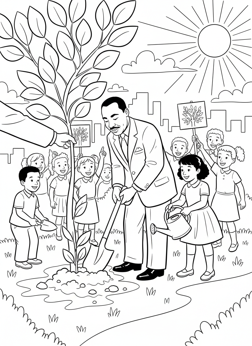 Martin Luther King Jr. planting a tree with children helping, symbolizing growth and hope for the future