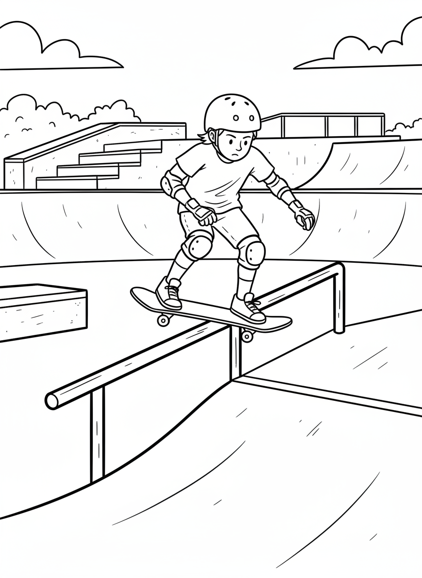 A kid grinding on a rail at a skate park, focused expression, protective gear visible, other ramps in the distance.