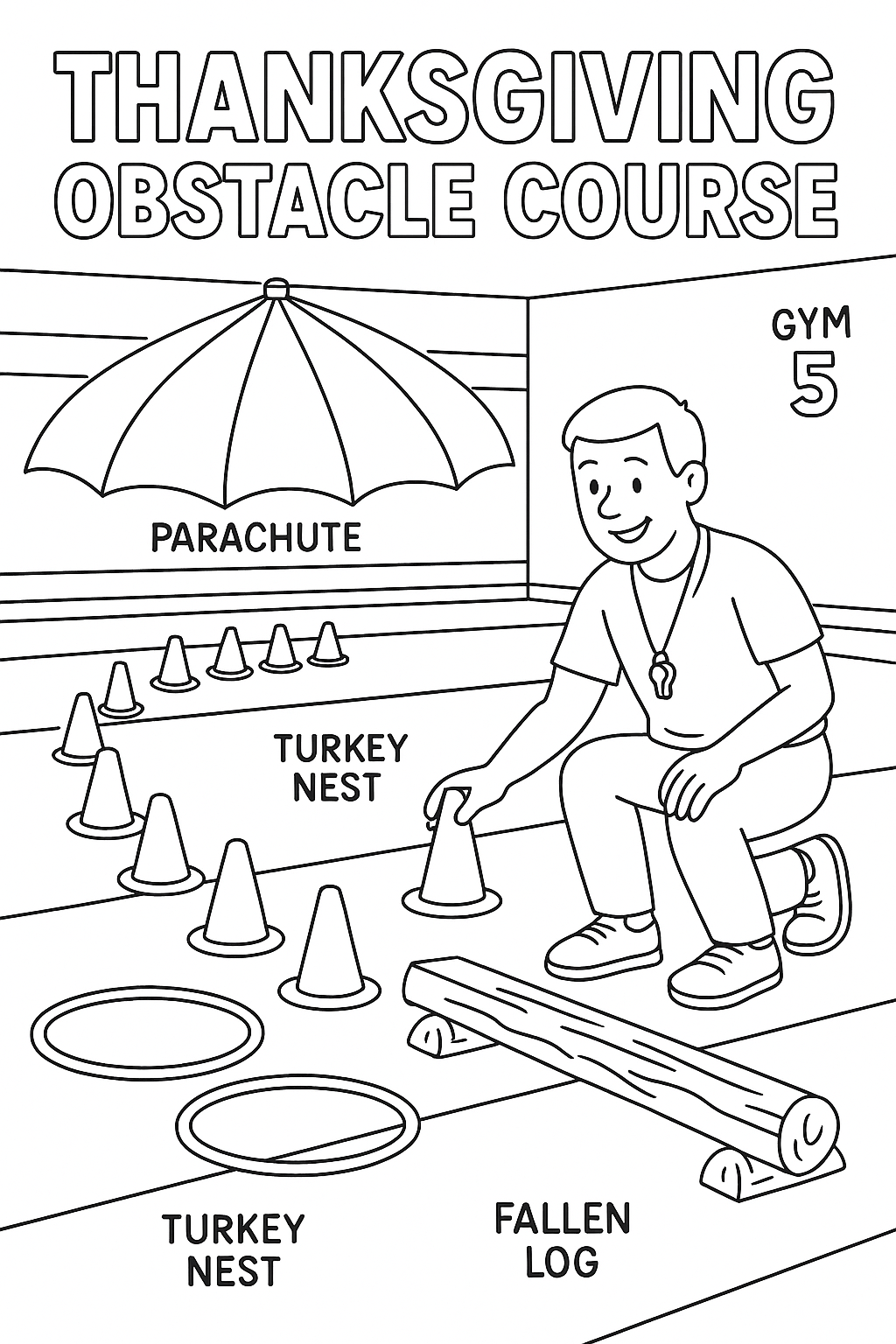 PE teacher setting up thanksgiving obstacle course in gymnasium, cones arranged like cornucopia path, hula hoops as turkey nests, balance beam decorated as fallen log, parachute with fall colored panels