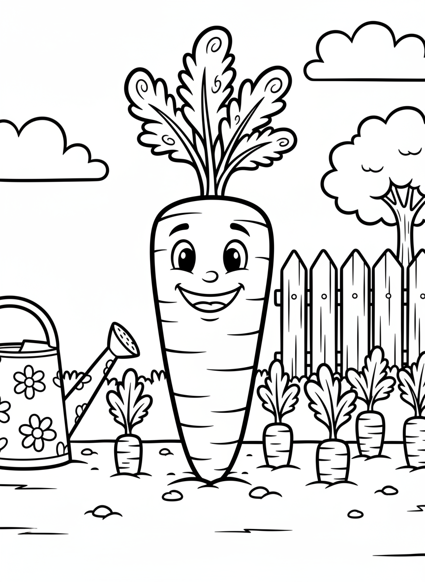A smiling carrot with leafy green top standing upright in a garden patch, simple line art with bold outlines perfect for young children