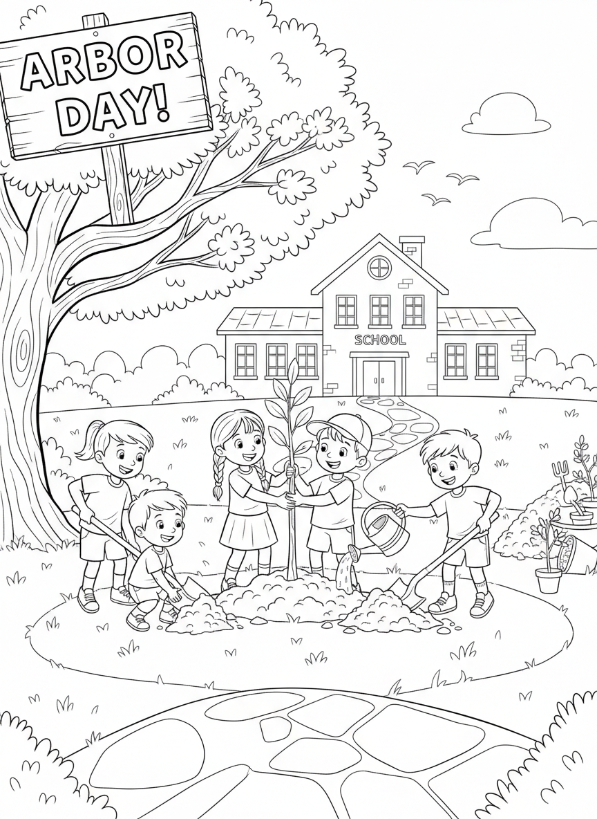Arbor Day coloring page prompts focused on tree planting, growth, and long-term environmental stewardship.	A schoolyard tree planting event with students participating enthusiastically.