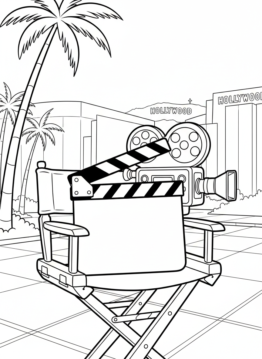 A movie clapperboard and film camera on a Hollywood studio lot with director's chair nearby