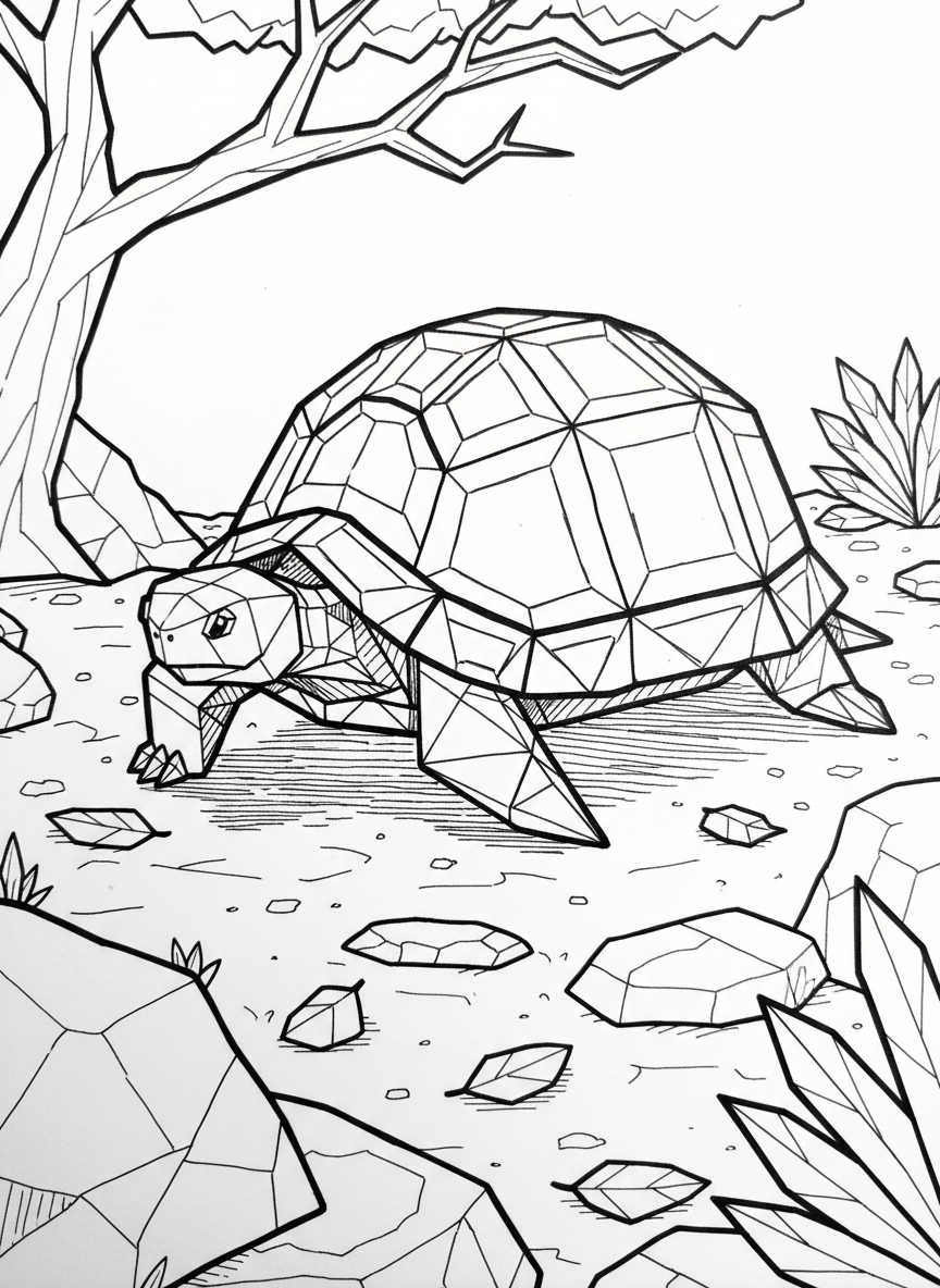 An origami turtle with a geometric shell pattern made of folded triangles and squares, walking on simple ground