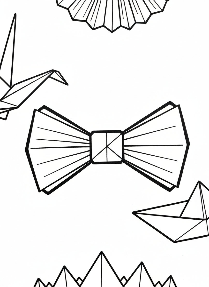 Simple origami bow tie with symmetrical folds and a center knot, shown flat with visible crease patterns for young artists.