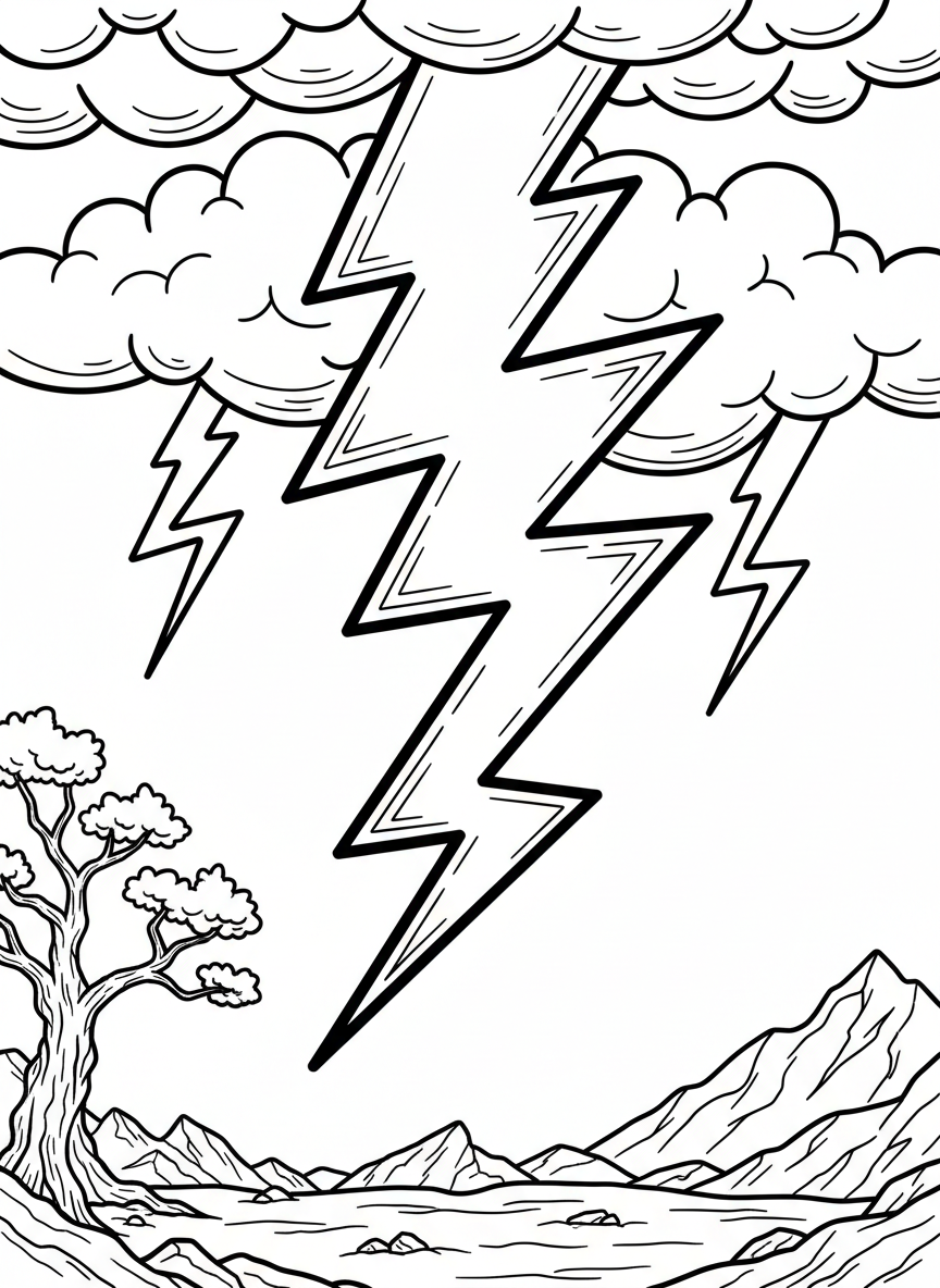Lightning bolts zigzagging from storm clouds in a dynamic pattern, bold simple shapes