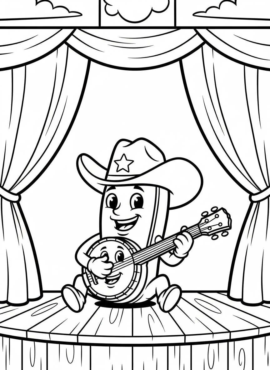A friendly cartoon banjo character wearing a cowboy hat, sitting on a stage with curtains on either side.