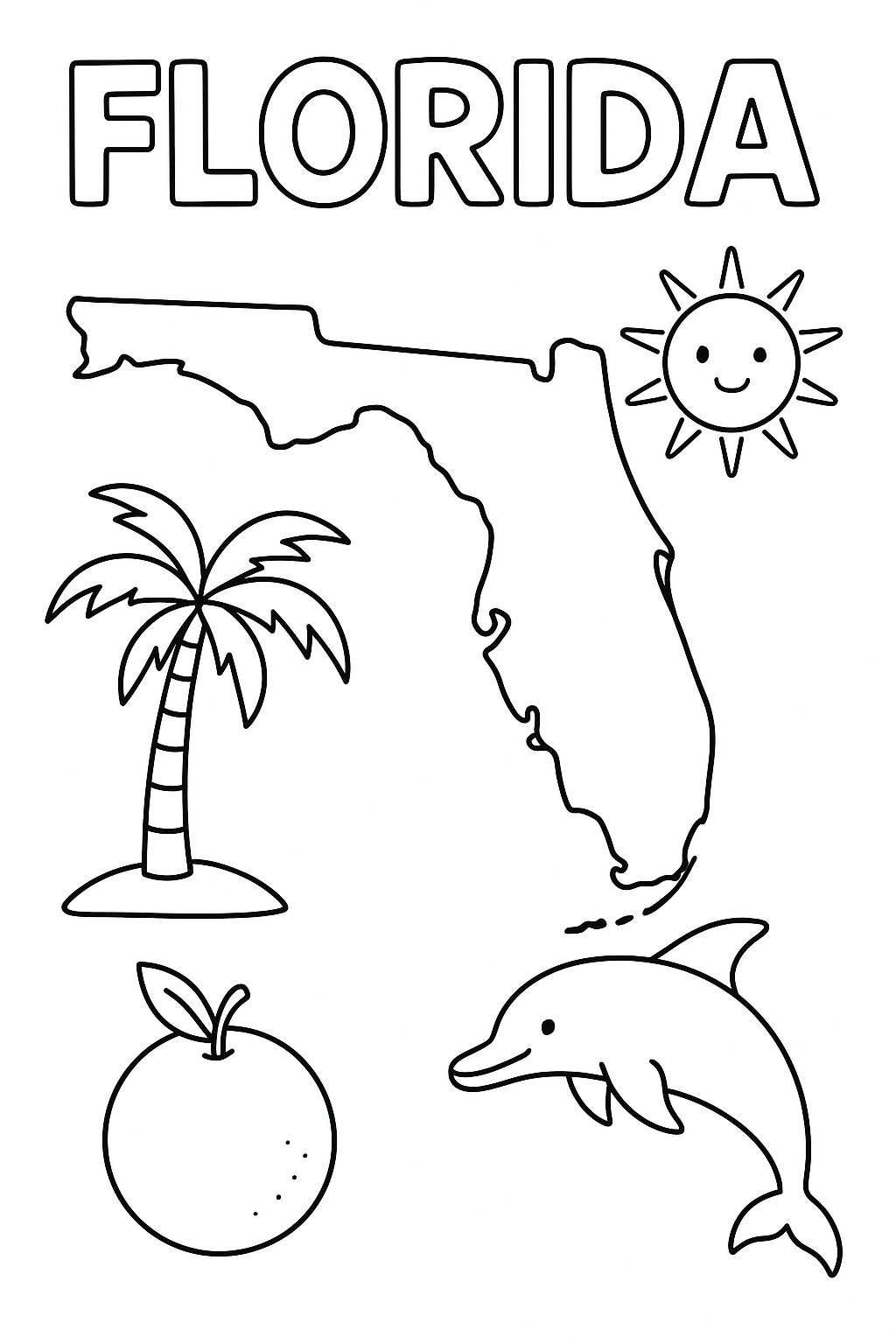 Florida Write “Florida” once at the top in outlined letters. Create a large, centered outline of the state. Add one palm tree, one orange, one dolphin, and one sun in corners.