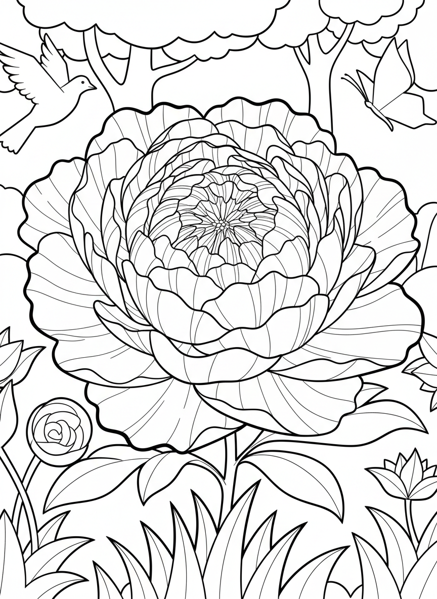 A large origami peony flower with many ruffled layers of petals, viewed from above to show the intricate folded pattern and symmetry.