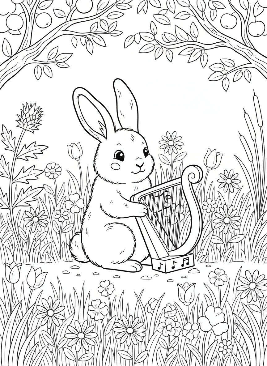 A cute bunny rabbit playing a small harp while sitting in a meadow with flowers and grass around.