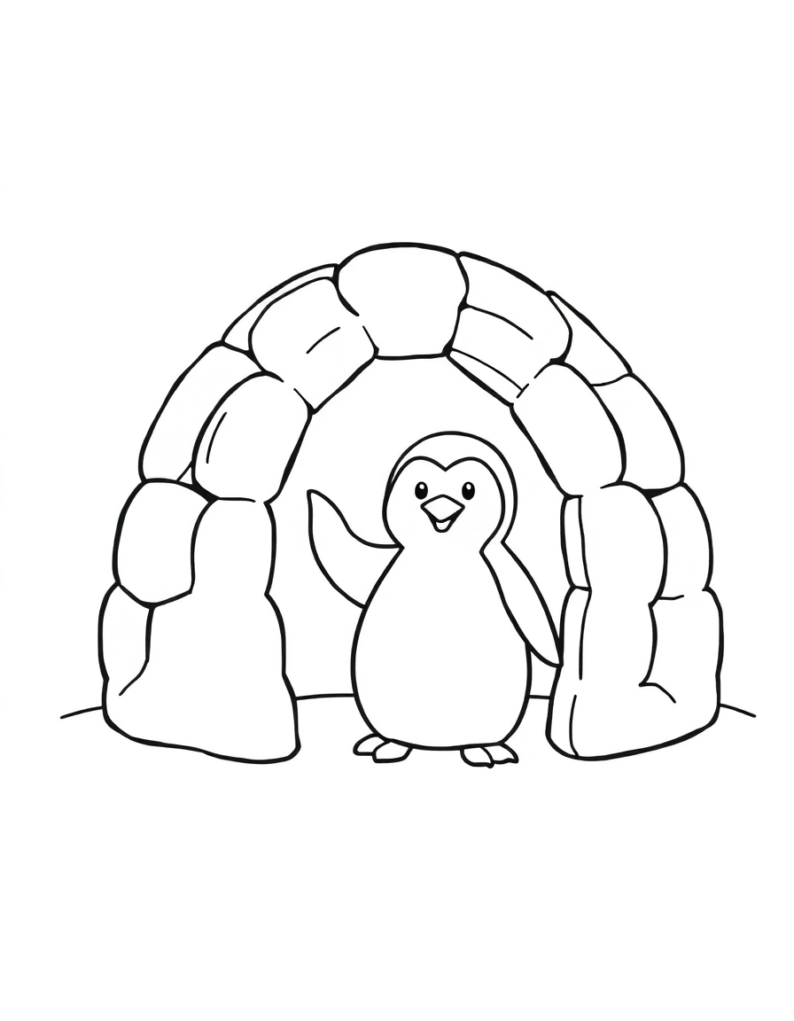 Igloo Life: A rounded ice block igloo with a penguin waving from the entrance.