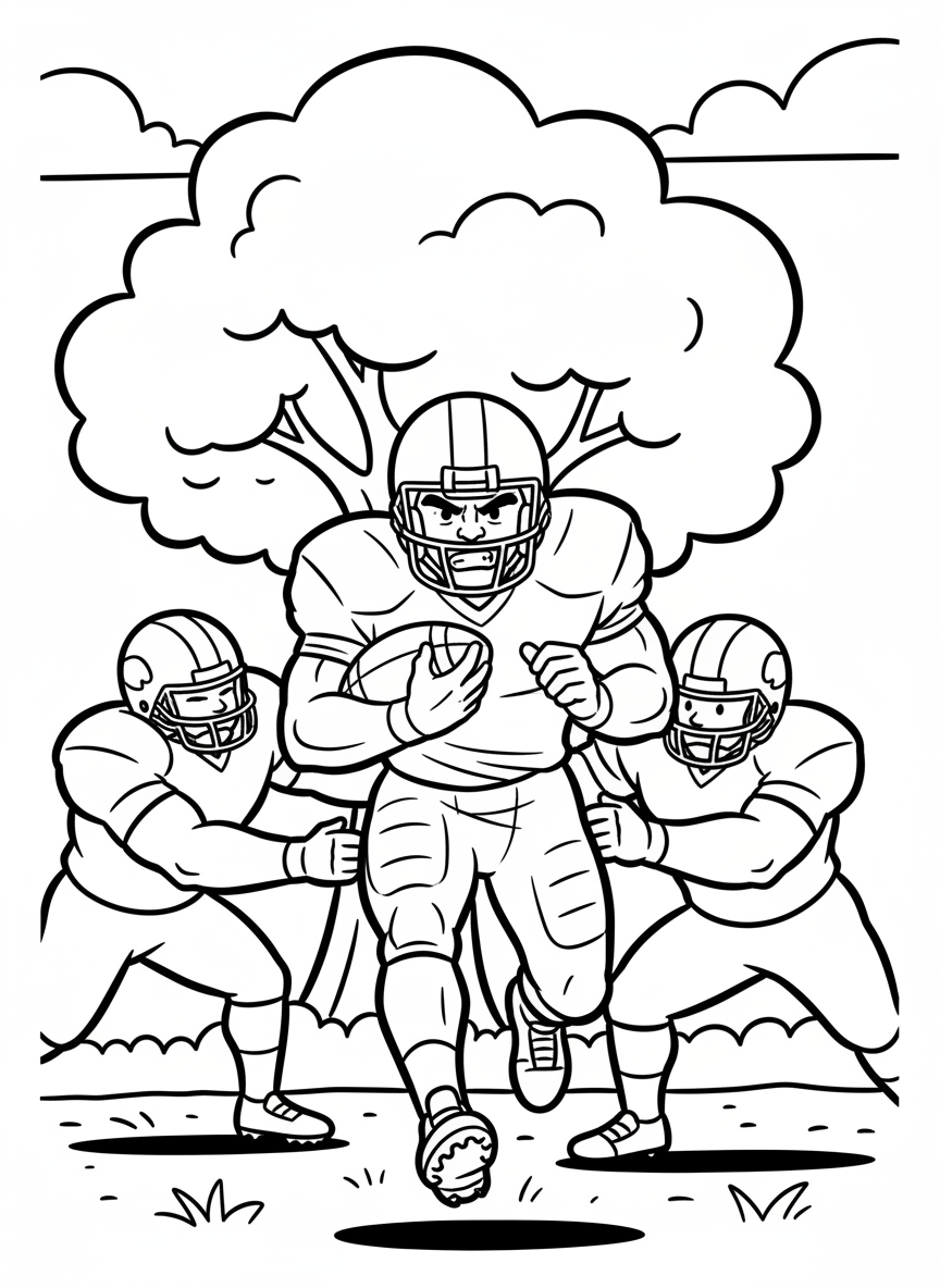 A running back carrying a football and dodging defenders, shown in mid-stride with determined expression