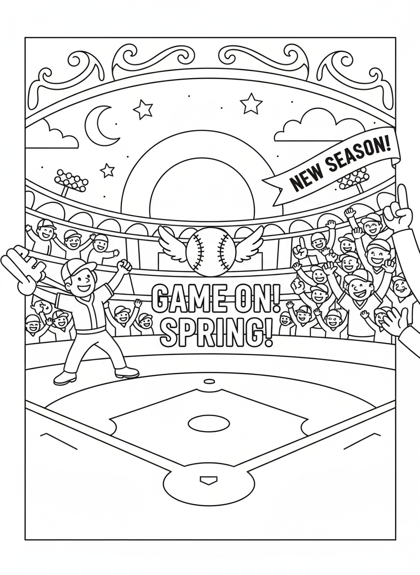 Baseball Opening Day coloring page prompts celebrating fresh starts, spring optimism, and the return of the game.	An evening moment as the game winds down, daylight fading but excitement lingering.