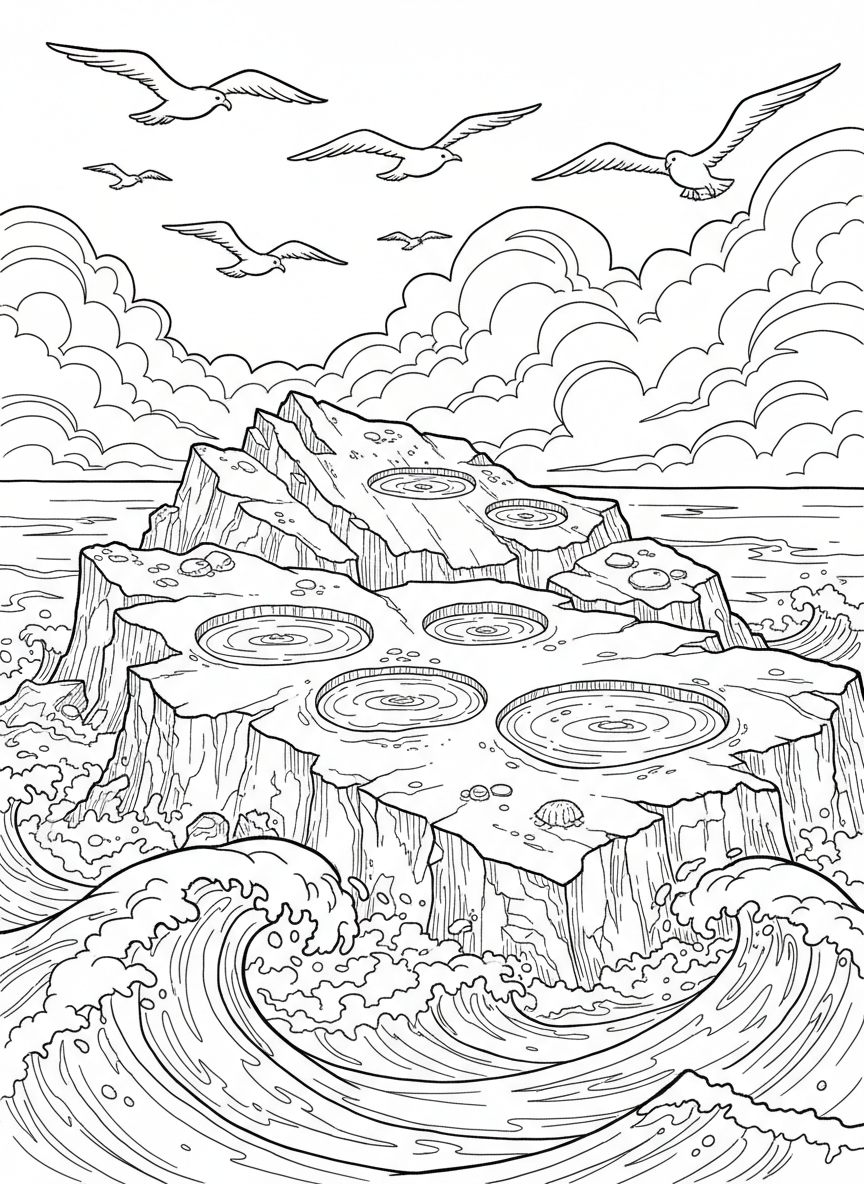 A scenic coastal rock formation with multiple tide pools, seabirds in the sky, and waves crashing in the distance.