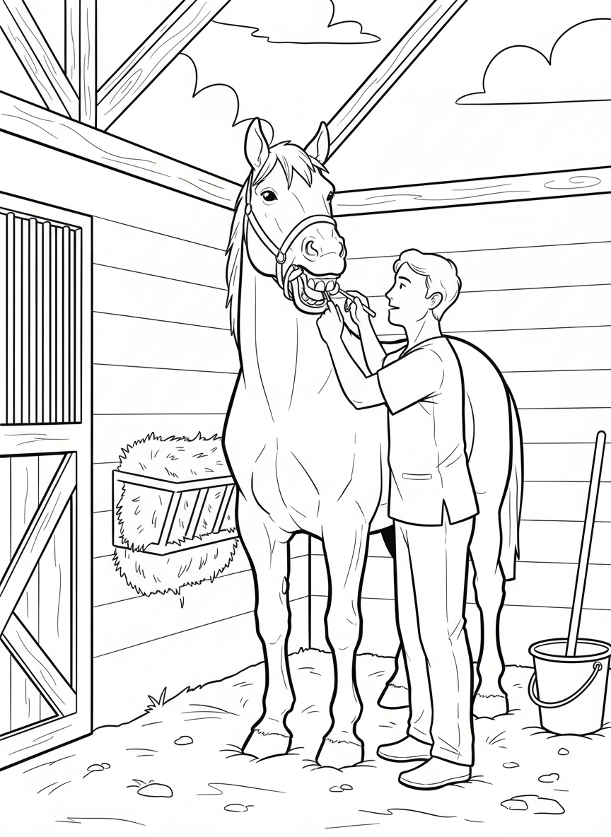 A vet examining a horse's teeth in a stable setting, the horse standing calmly with its mouth open