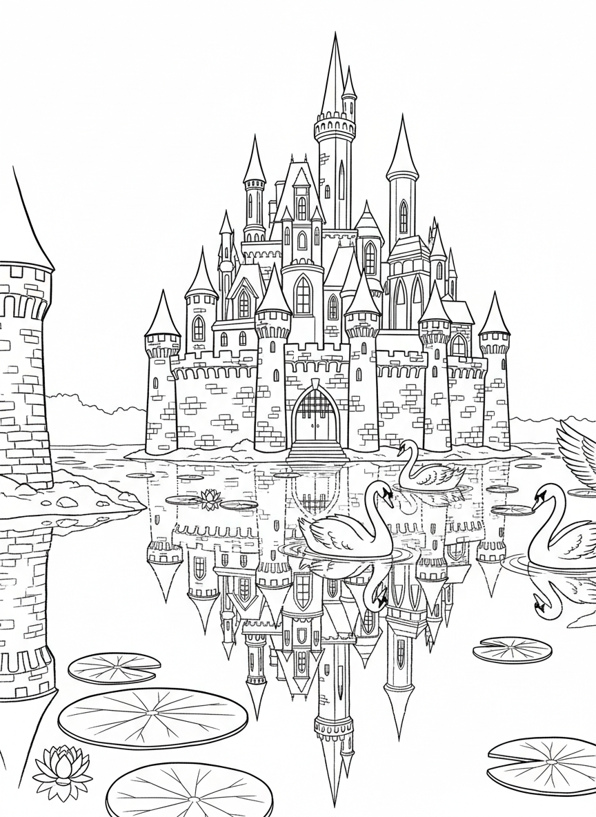 A fairy tale castle with multiple turrets reflected in a calm lake, with swans swimming and lily pads floating on the water.