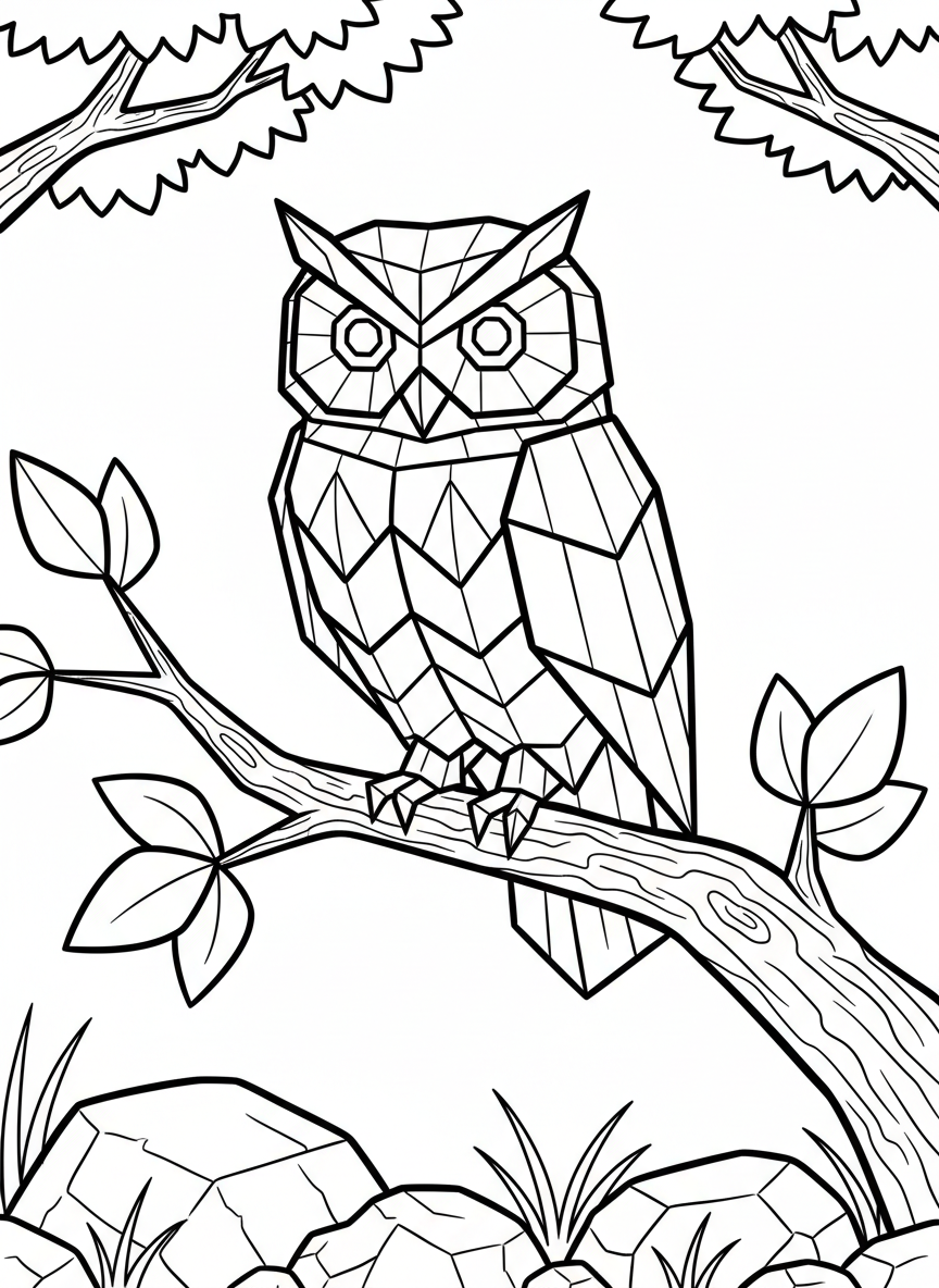 An origami owl perched on a branch, with large geometric eyes and angular folded wings pressed against its body