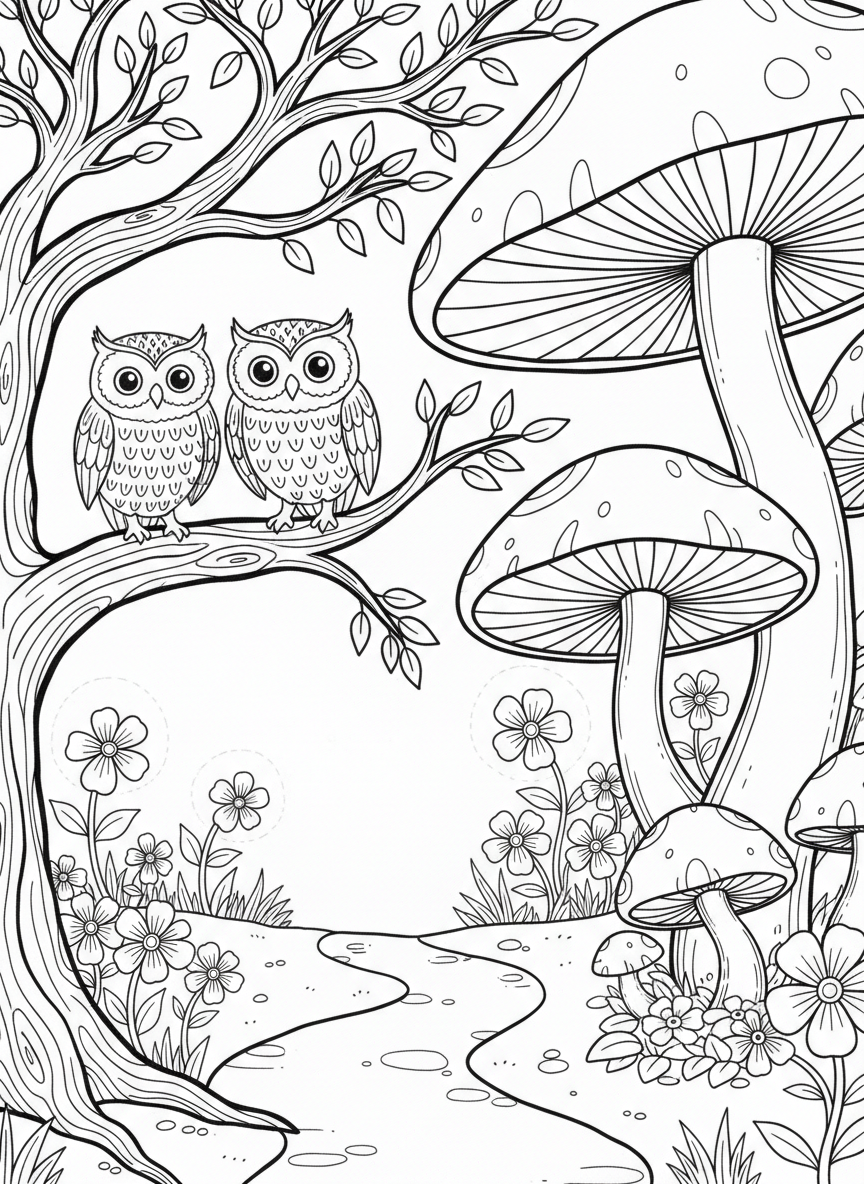 A magical forest scene with a winding path, giant mushrooms, friendly owls perched on branches, and glowing flowers.