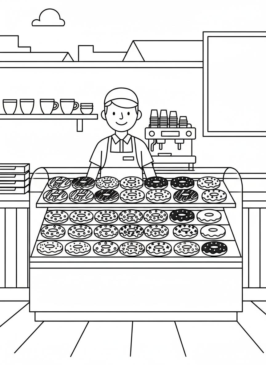 A donut shop counter with a smiling worker and rows of decorated donuts with different toppings