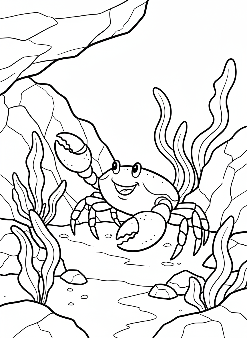A friendly crab with big claws walking sideways across tide pool rocks, with seaweed draped over the stones.