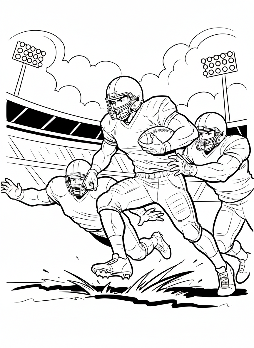 A running back carrying the football and dodging defenders, dynamic action pose showing movement and energy.