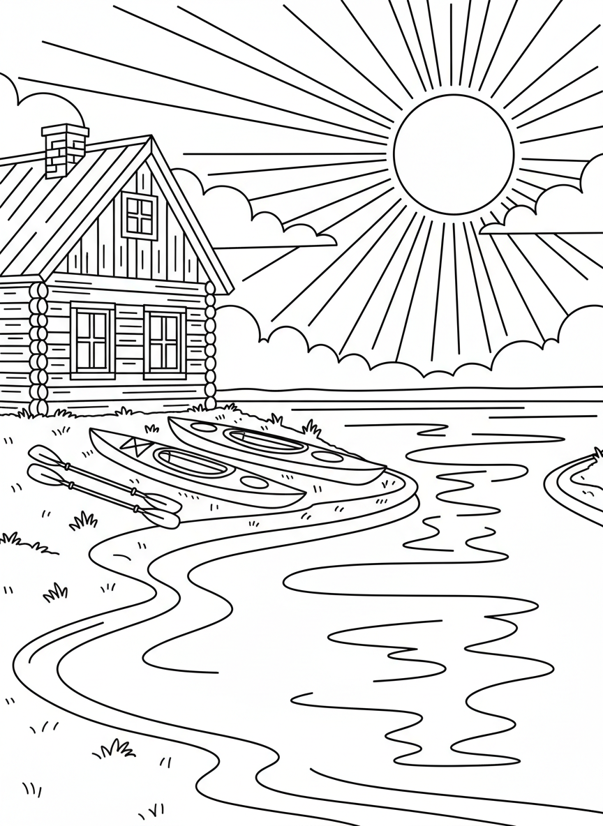 Summer Vacation coloring page prompts capturing travel adventures, relaxed days, family trips, and sunny escapes.	A lakeside cabin scene with kayaks resting nearby and warm sunlight reflecting off calm water.
