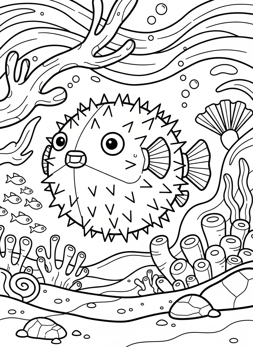 A cute origami pufferfish in inflated round form with triangular spikes all around, small fins and surprised expression