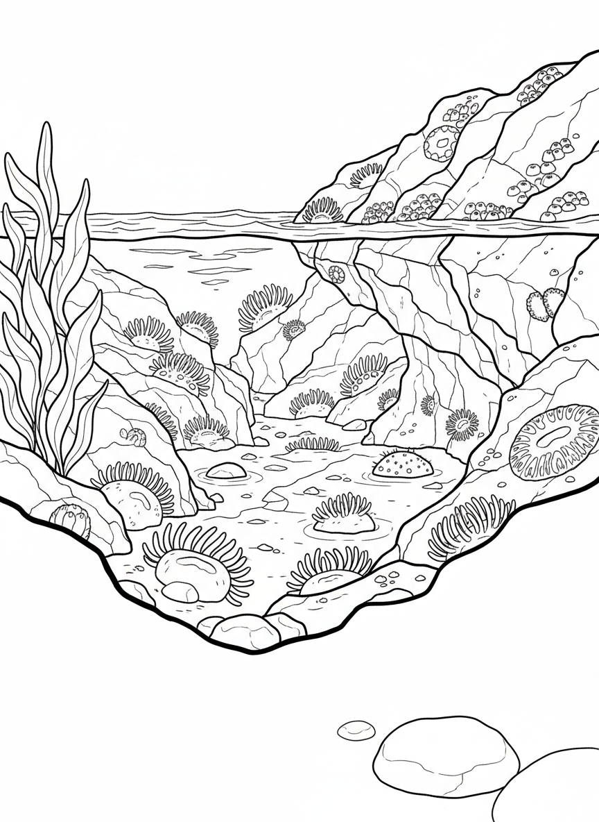 Side view of tide pool showing anemones at different depths, some near surface and others deeper down between rocks