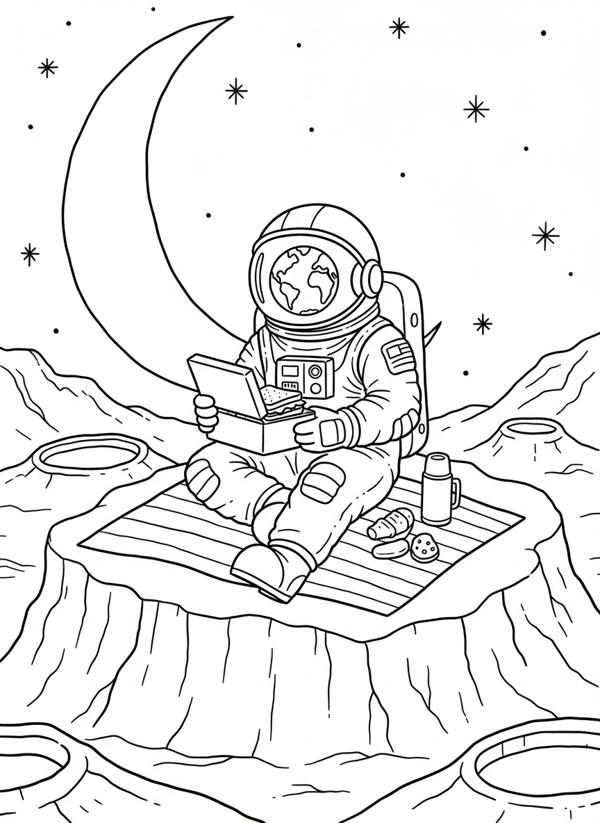 An astronaut having a picnic on the moon with a lunchbox, sitting on a moon rock with Earth in background