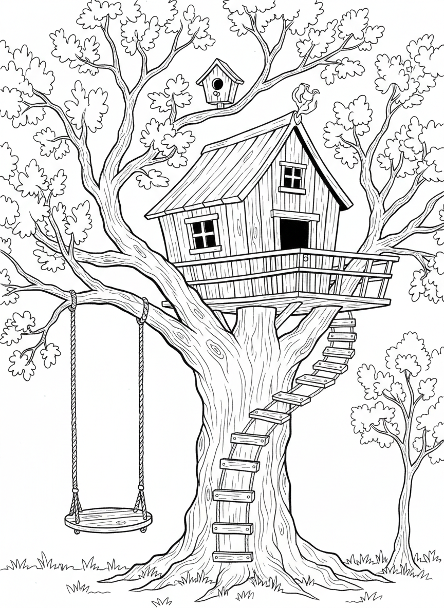 A treehouse built in an oak tree with a thick rope swing, wooden steps nailed to the trunk, and a birdhouse nearby.