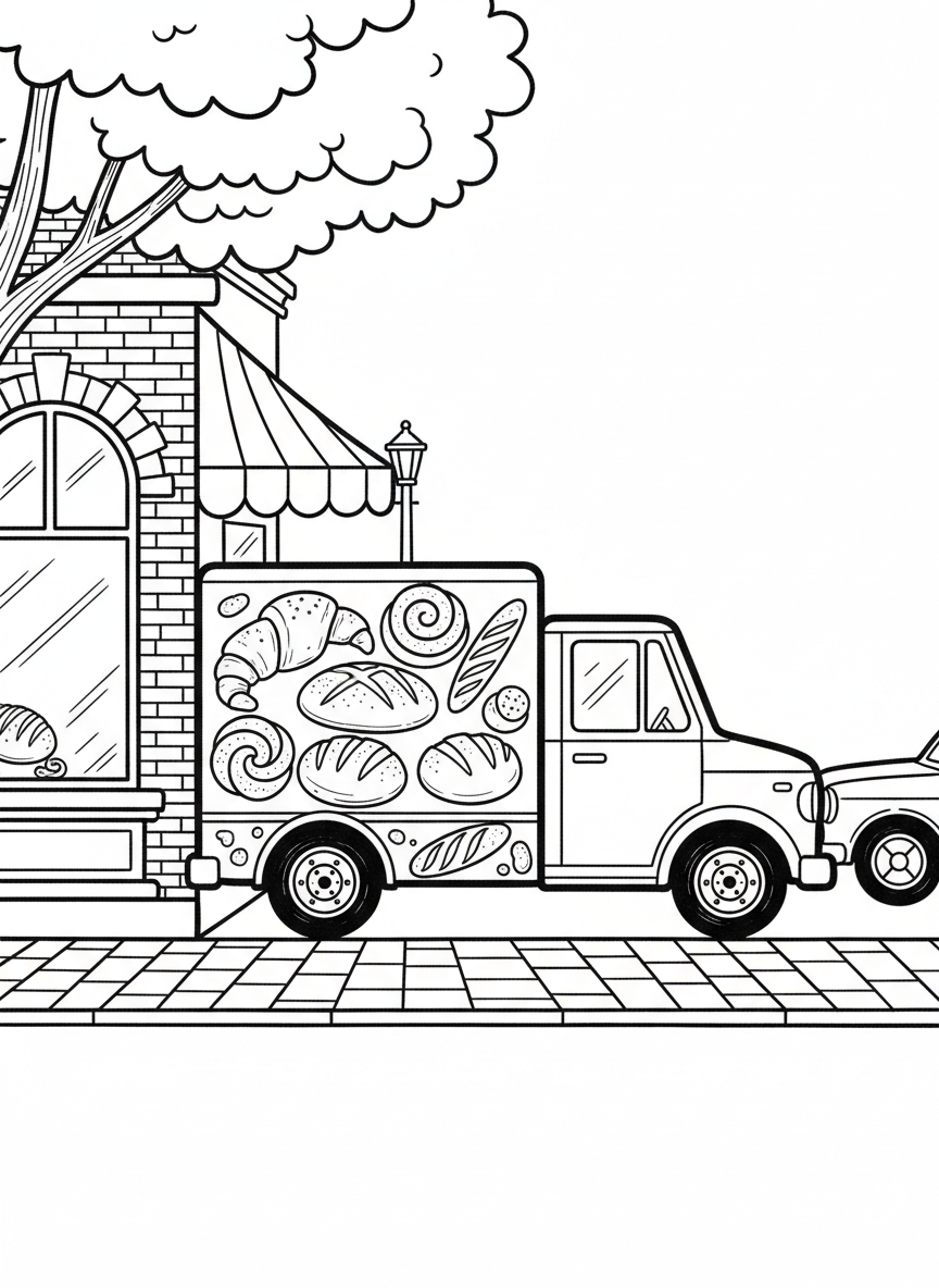 A delivery truck decorated with bread and pastry illustrations, parked outside a bakery shop