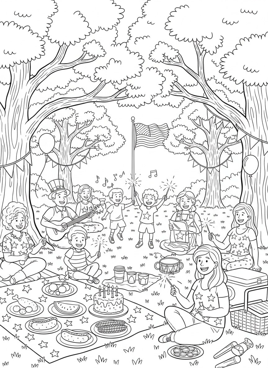 Fourth of July Picnic coloring page prompts capturing summer gatherings, patriotic colors, and relaxed outdoor celebrations.	A picnic scene beneath tall trees providing shade, plates of summer food laid out as laughter and music drift through the air.