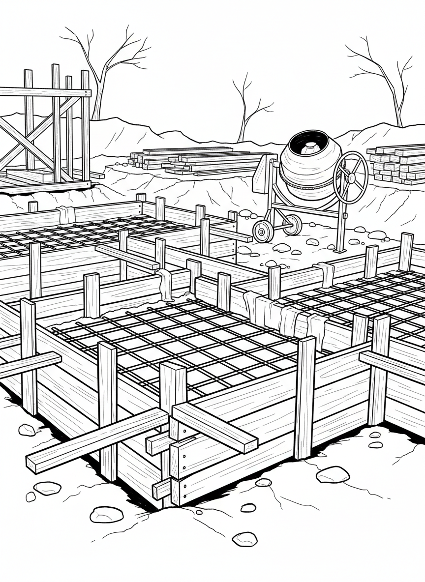 A construction site at the foundation stage showing wooden forms, rebar grids, and a small mixer, detailed ground-level view.
