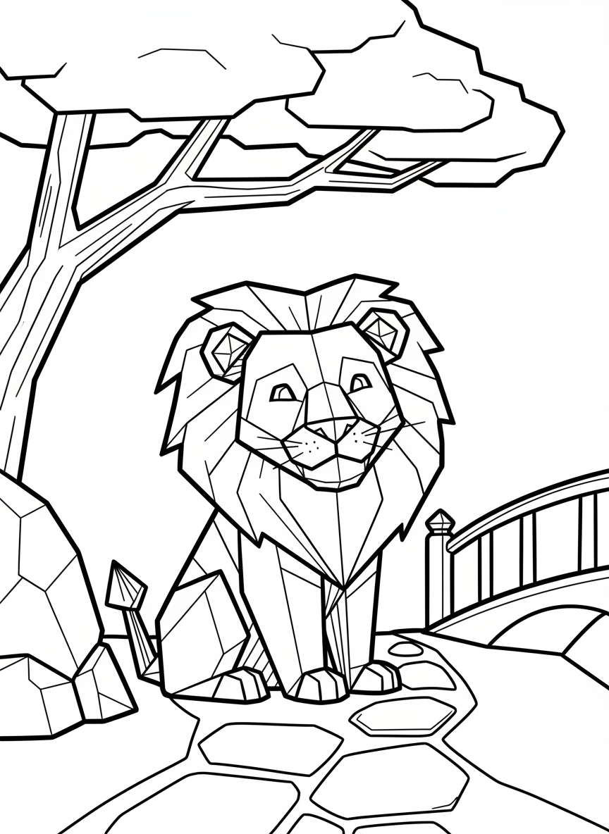 A friendly origami lion with a geometric mane made of triangular points, angular face features, and a sitting pose showing folded paper texture.