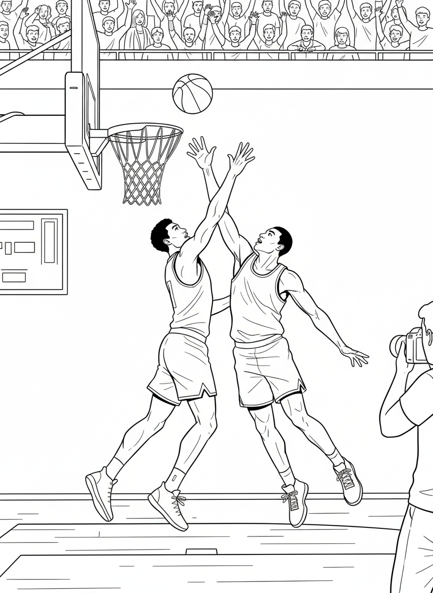 A basketball player making a layup near the basket while another player tries to block the shot during an intense finals moment.
