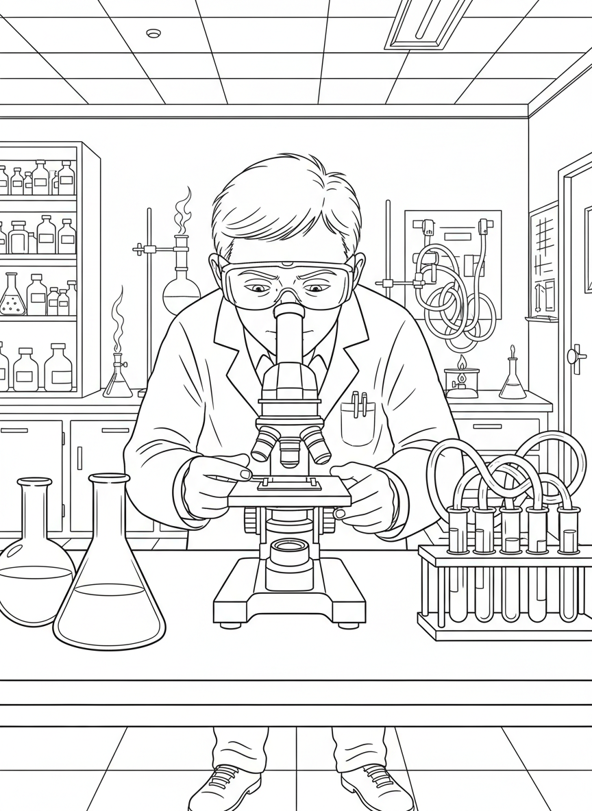 A scientist looking through a microscope in a laboratory, wearing safety goggles and a lab coat, with beakers and test tubes nearby.
