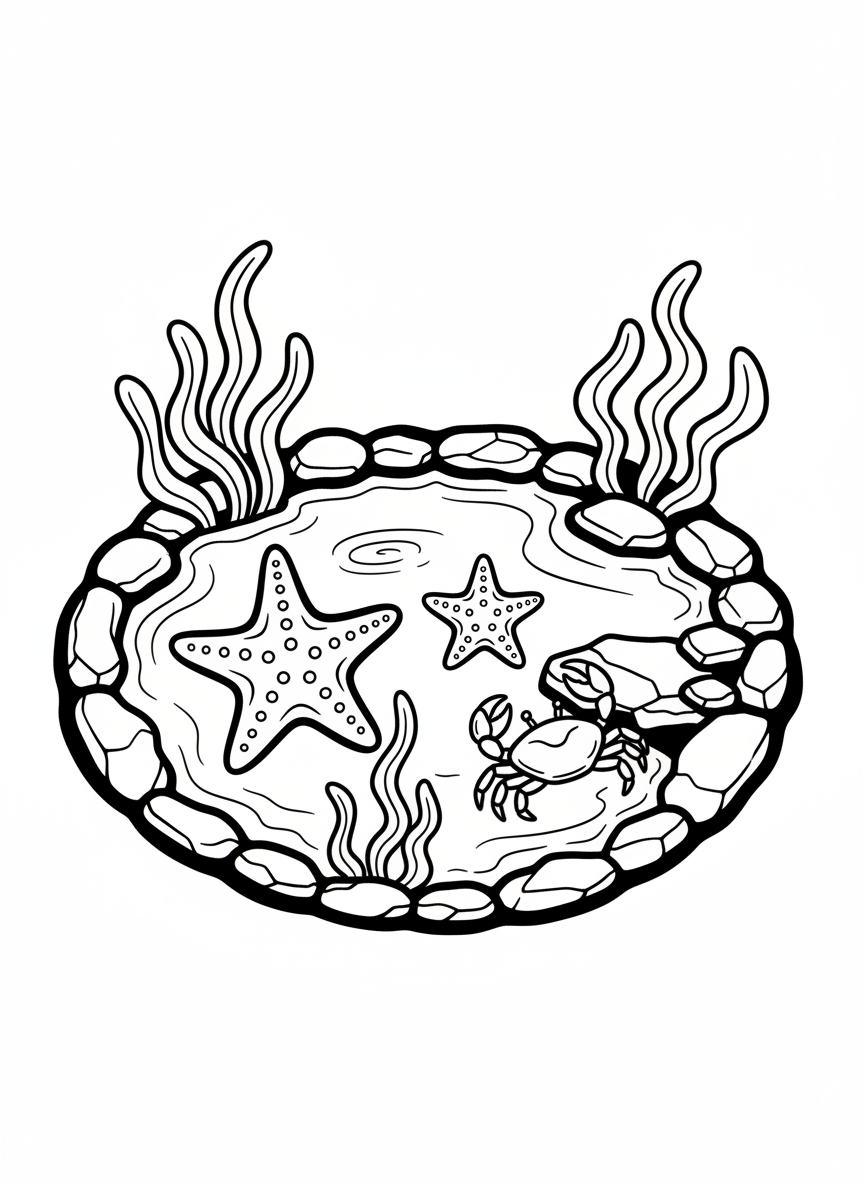A tide pool scene showing multiple creatures: two starfish, a small crab, and seaweed, viewed from above with rocks forming the pool's edge