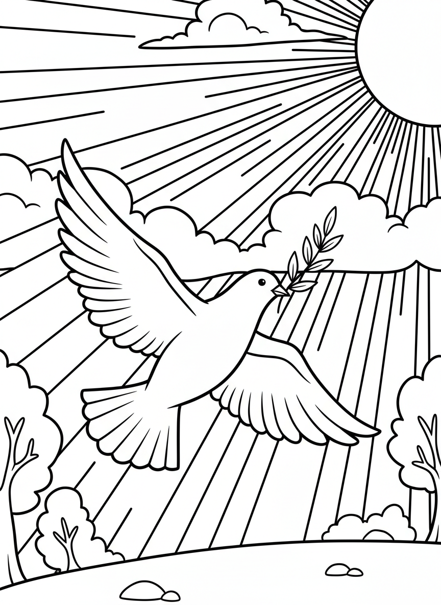 A dove flying upward carrying an olive branch, with clouds and sun rays in the background, symbolizing peace and freedom