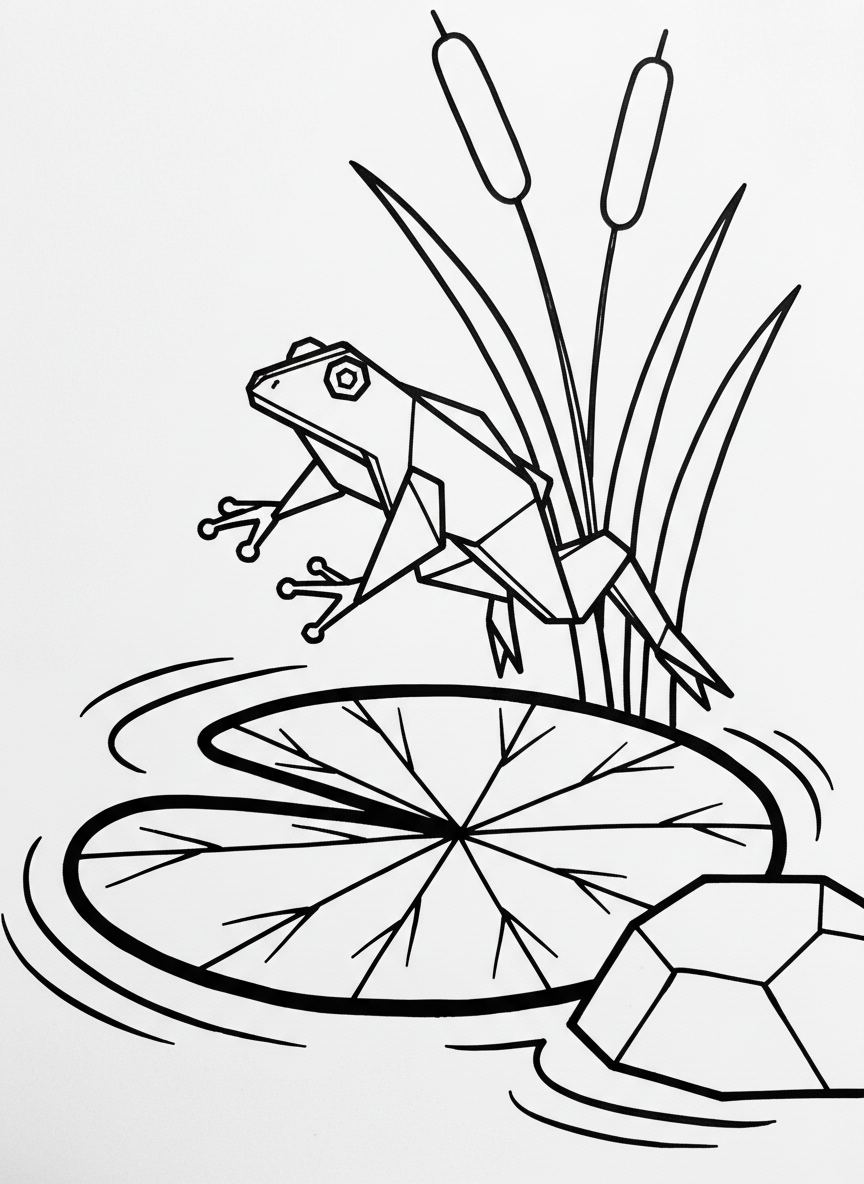A jumping origami frog on a lily pad with angular bent legs, geometric body folds, and simple pond setting with cattails.