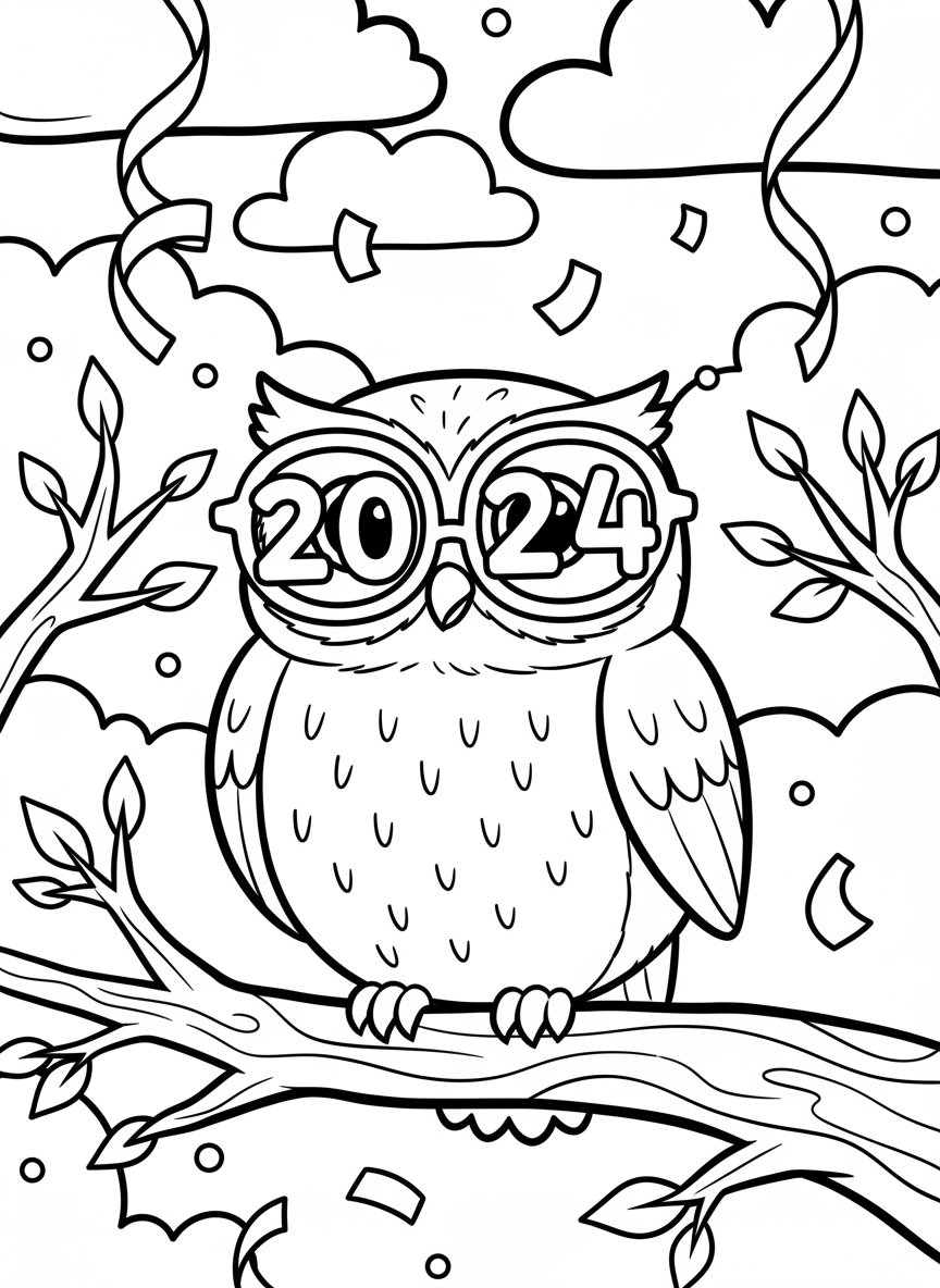 A cute owl perched on a branch wearing glasses shaped like the new year numbers, party streamers hanging nearby