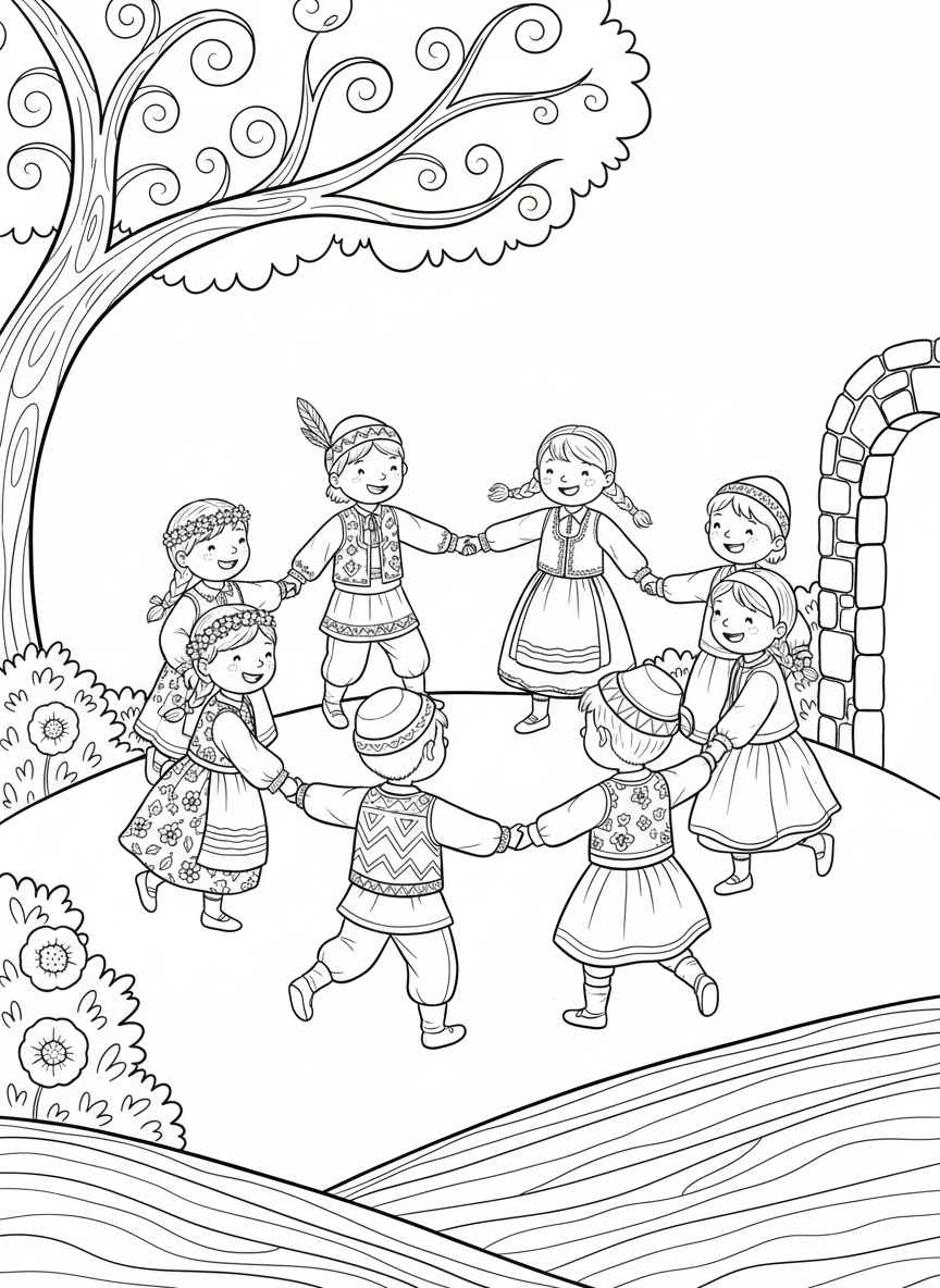 Children holding hands and dancing in traditional clothing, forming a circle with happy expressions
