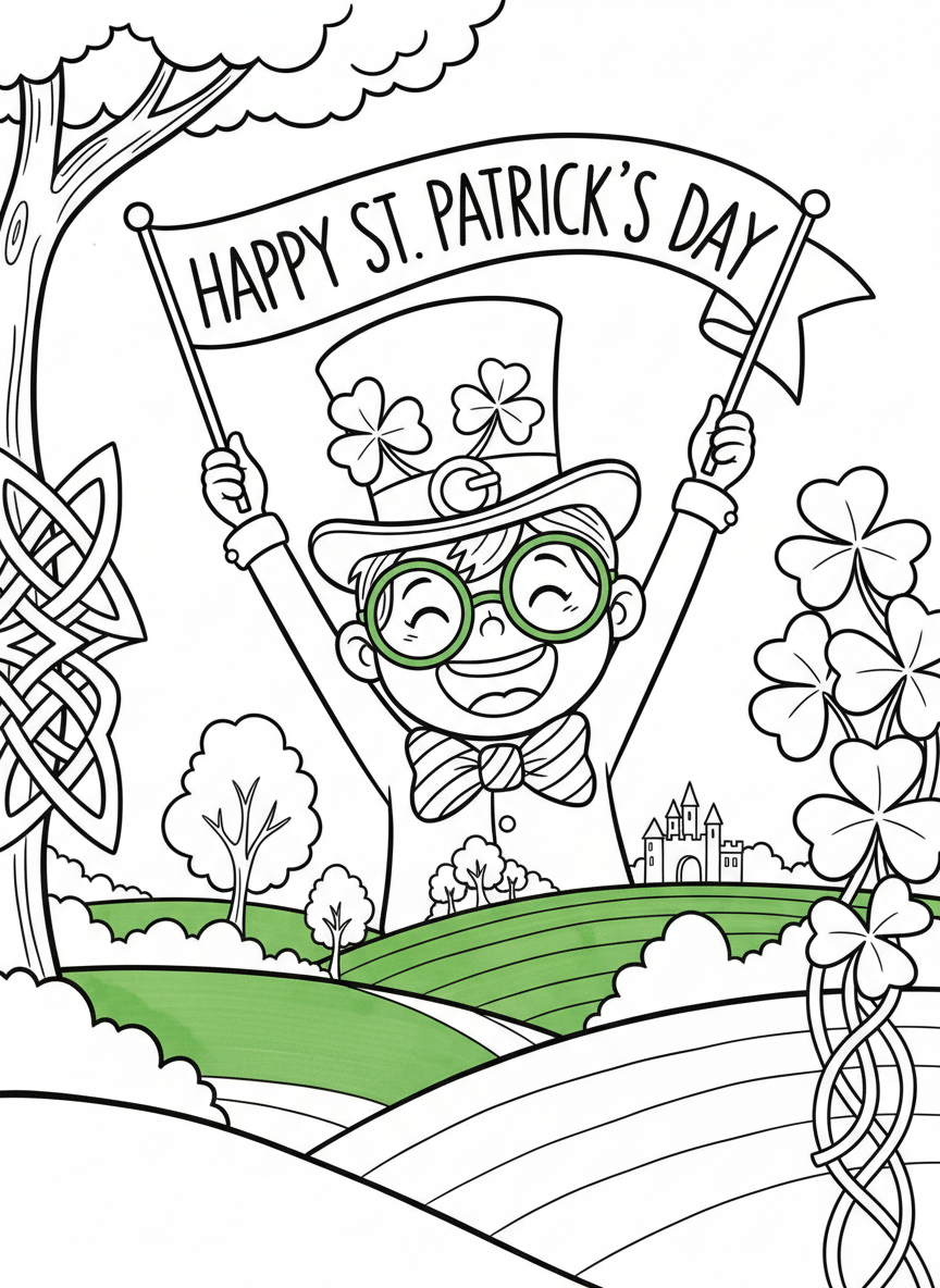 A smiling child wearing oversized green glasses, a bow tie, and a top hat decorated with shamrocks, holding a festive banner.