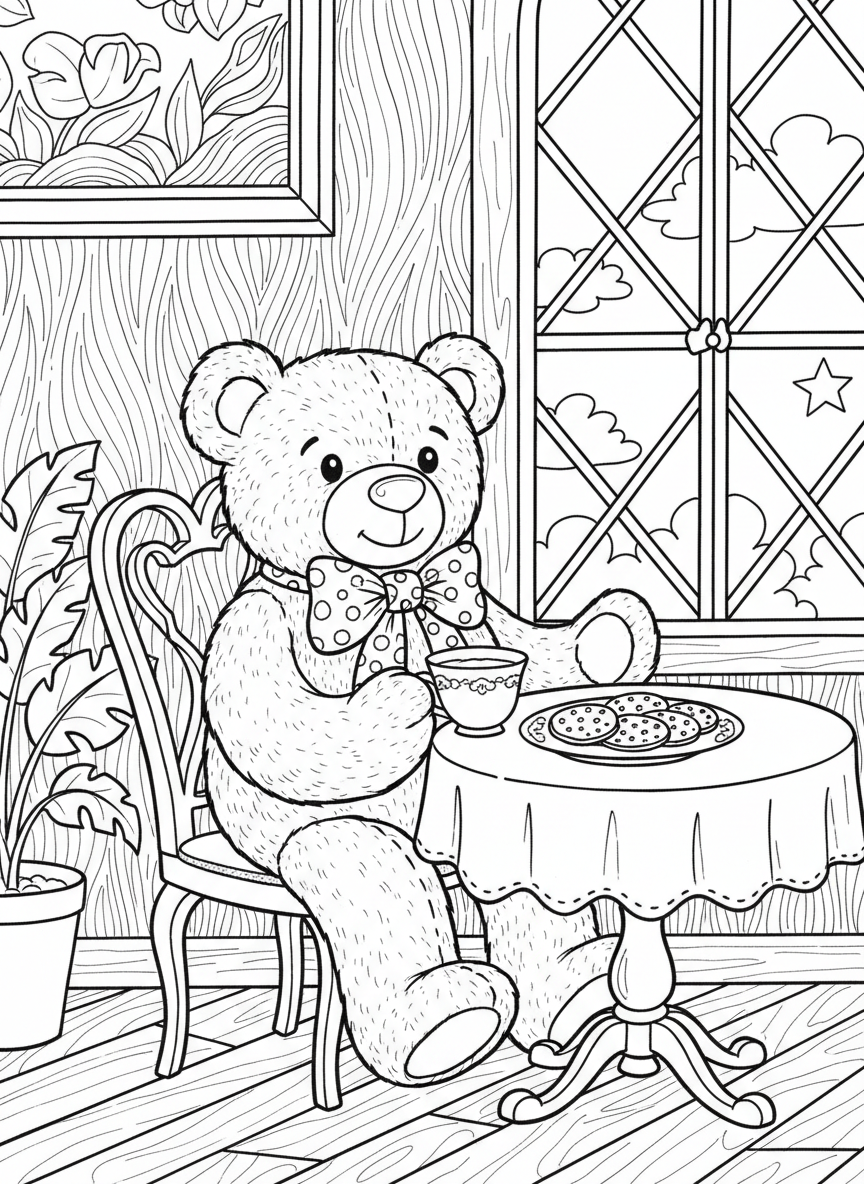 A teddy bear sitting at a small table wearing a bow tie, holding a teacup with one paw, with a plate of cookies nearby.