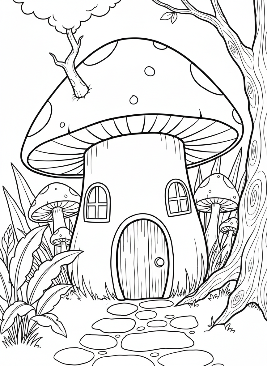 A whimsical fairy house built inside a large mushroom with a round door, tiny windows, and a chimney made from a twisted twig.
