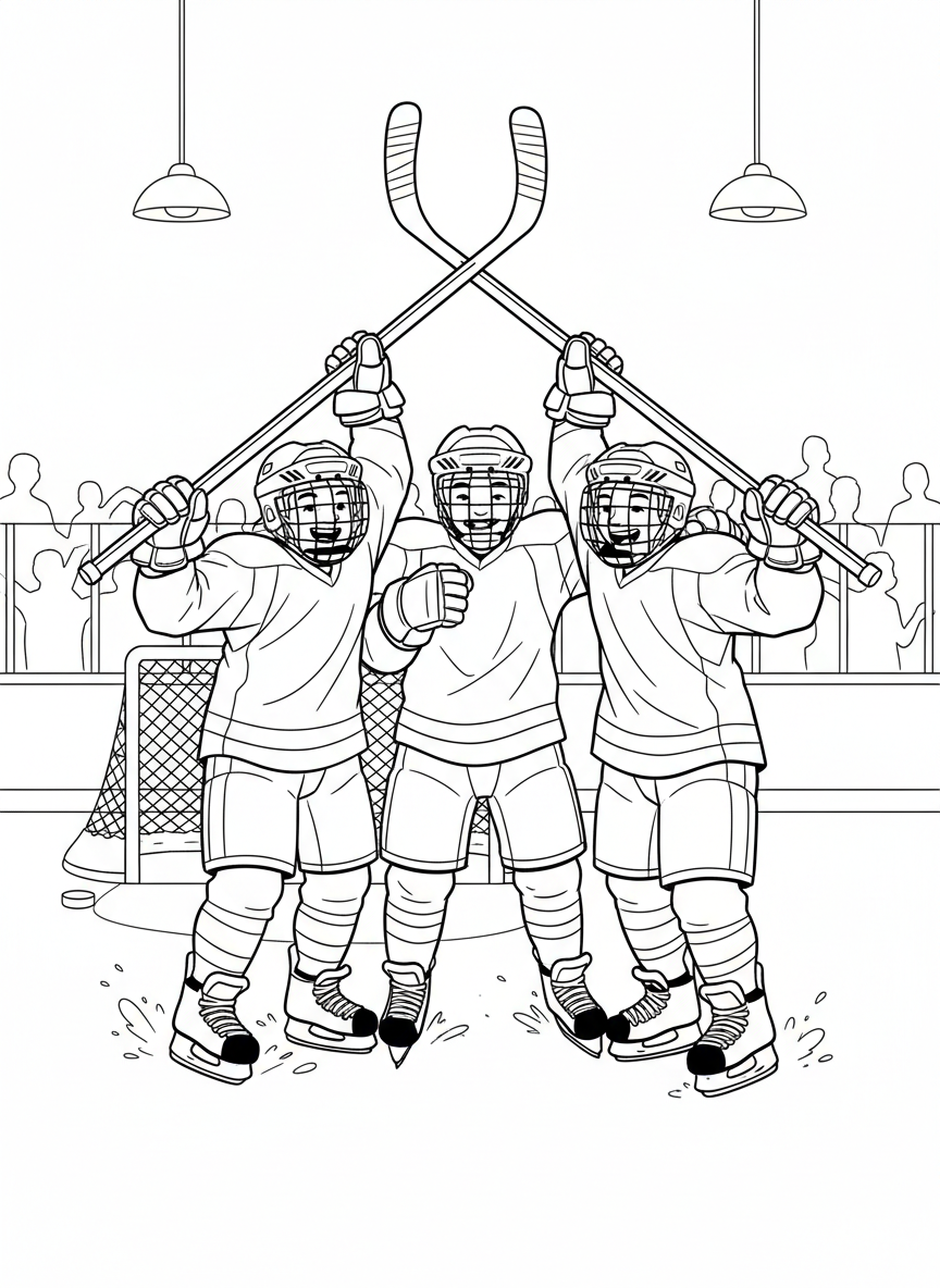 Three young hockey players celebrating a goal with raised sticks, showing teamwork and excitement