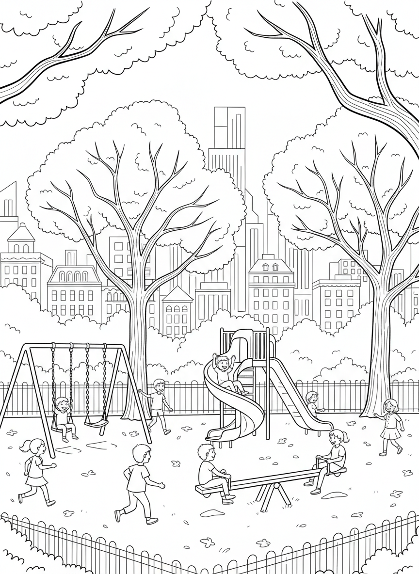 Children playing in a Central Park playground with swings and slides, trees surrounding the area, city buildings visible in the distance.